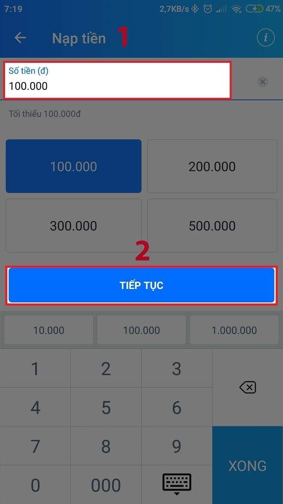 Nhập số tiền cần nạp