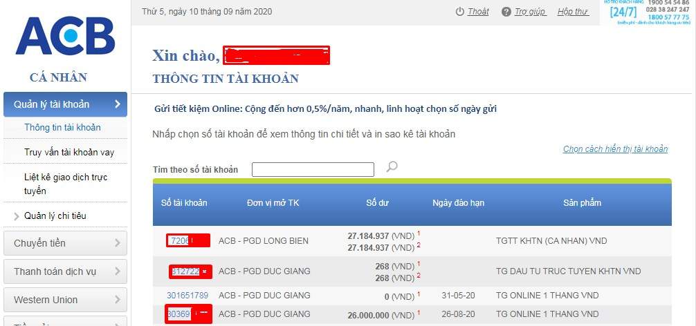 Cách quản lý tài khoản trên ACB online