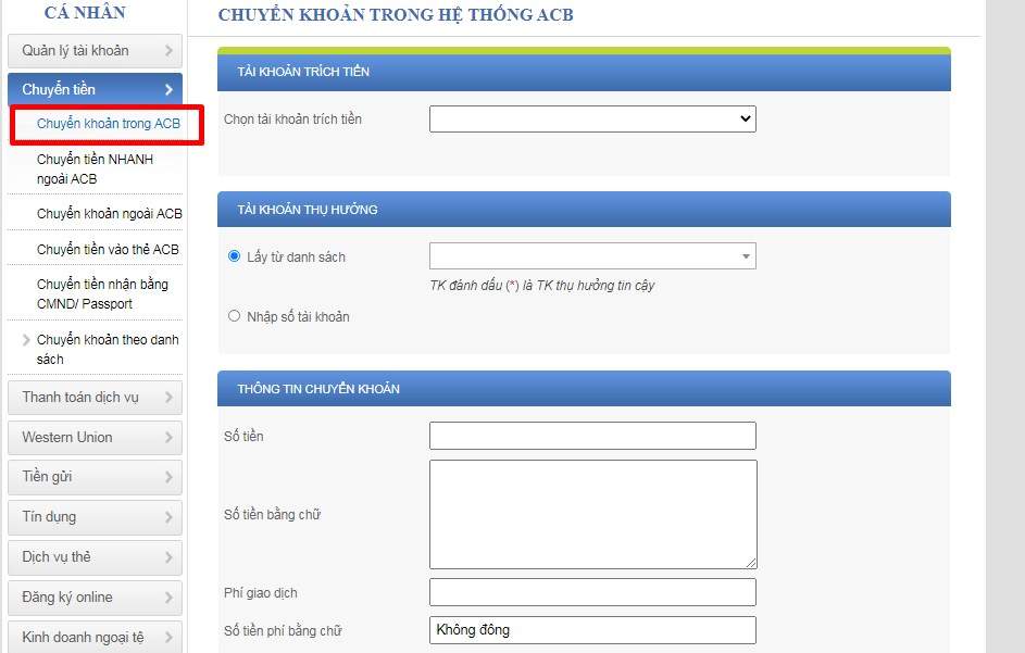 Cách chuyển khoản cùng hệ thống ACB