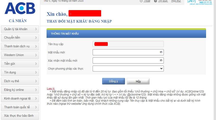 Đổi mật khẩu đăng nhập acb online