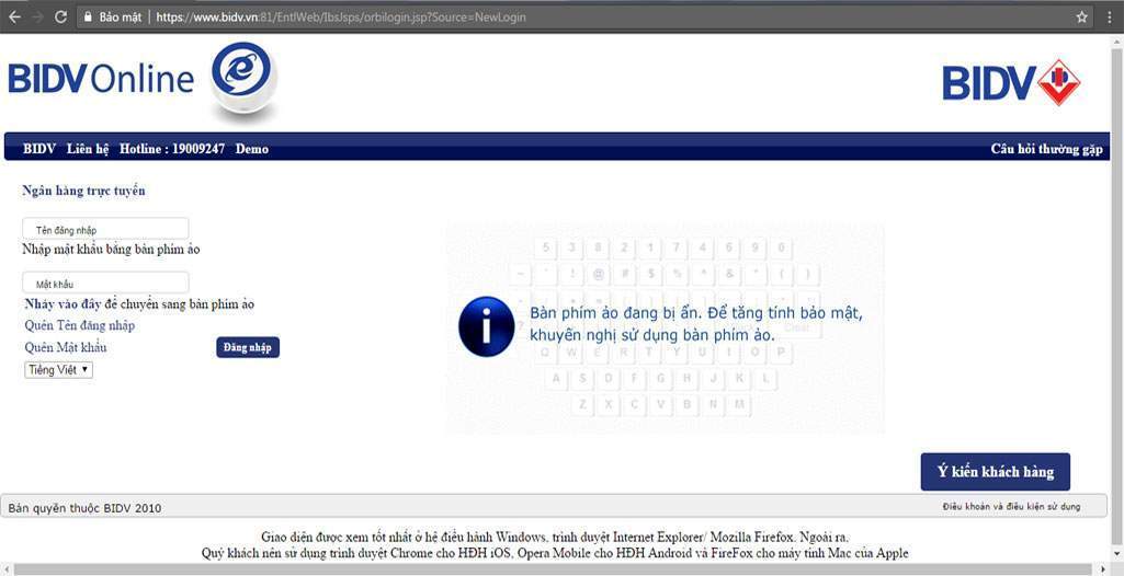 Giao diện của BIDV online
