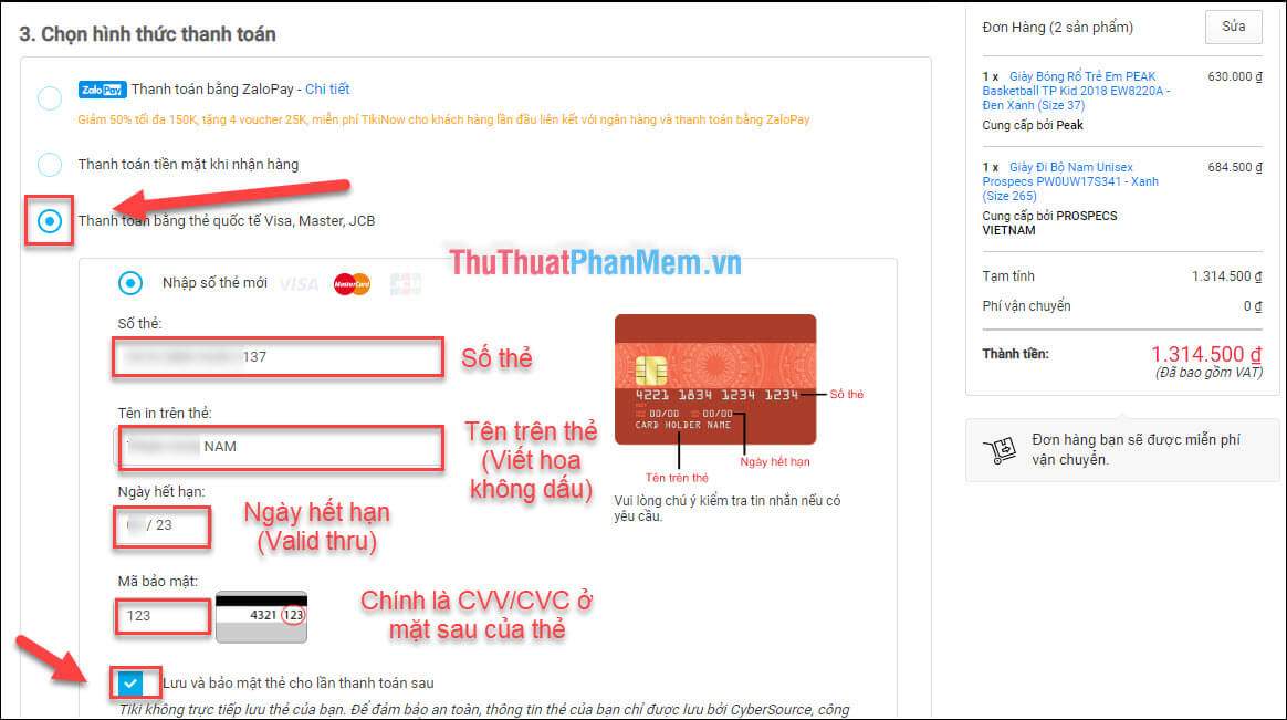 Chọn hình thức” Thanh toán bằng thẻ Visa, Mastercard,Jcb”