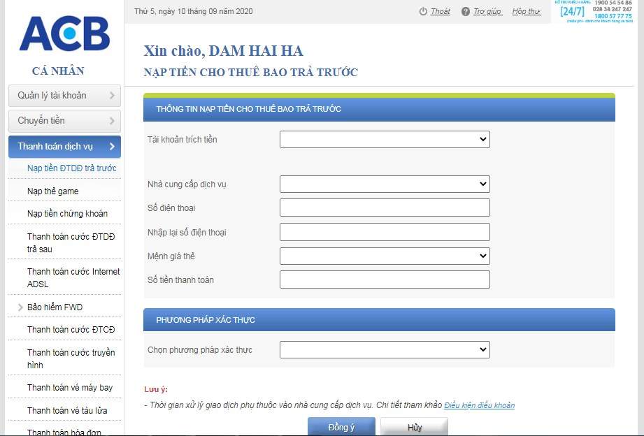 Nạp tiền điện thoại trên ACB online
