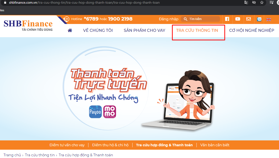 Tra cứu khoản vay SHB trên website