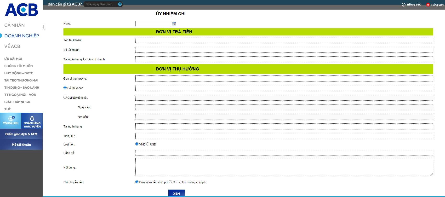 Ủy nhiệm chi online ACB